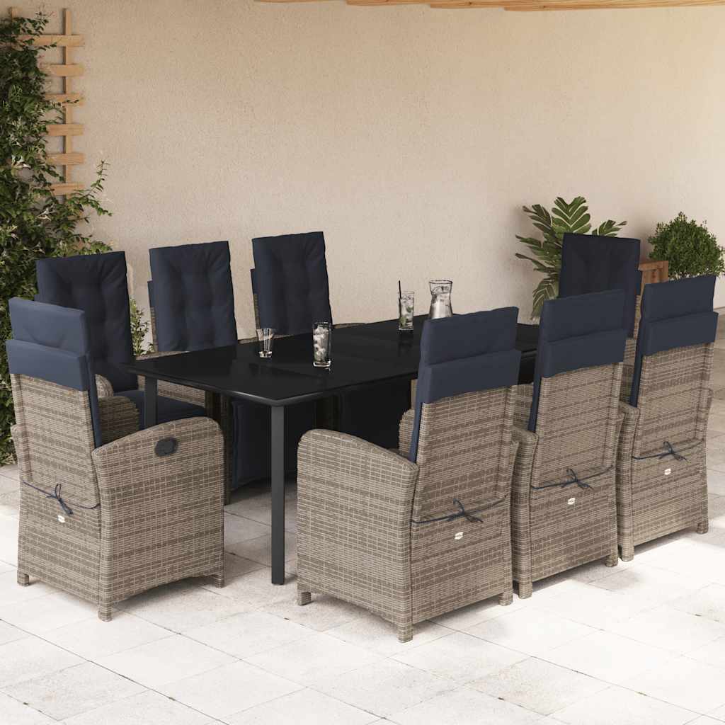 vidaXL 9 Piece Garden Dining Set with Cushions Grey Poly Rattan 1