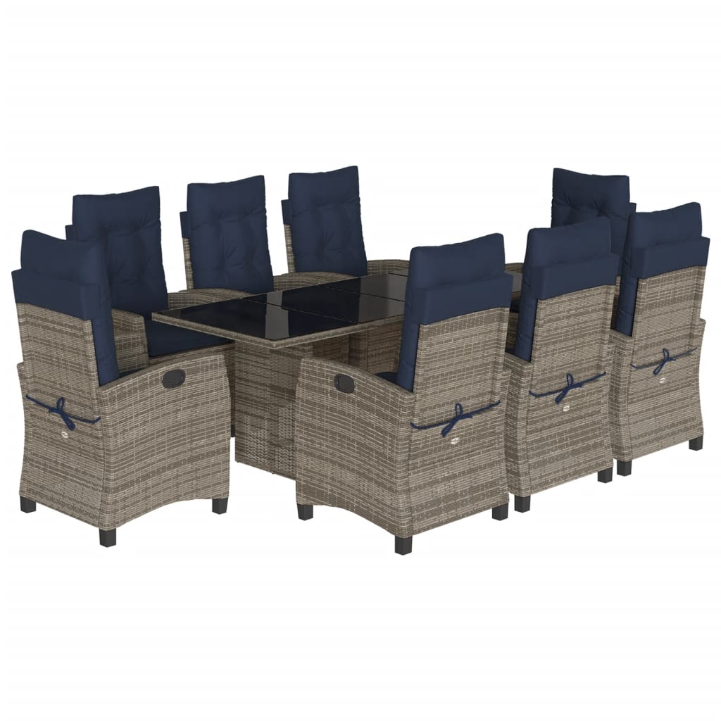 vidaXL 9 Piece Garden Dining Set with Cushions Grey Poly Rattan 2