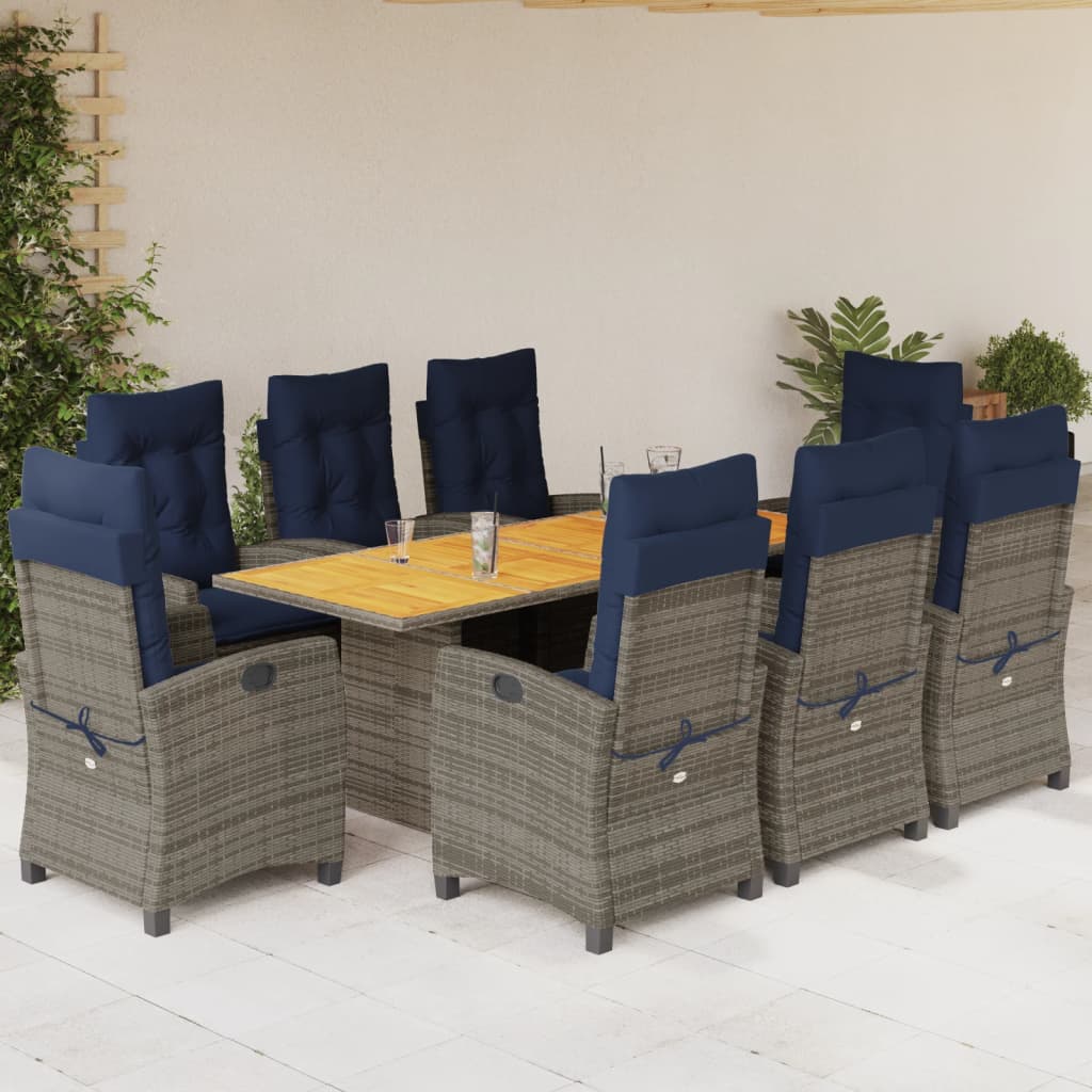 vidaXL 9 Piece Garden Dining Set with Cushions Grey Poly Rattan 1