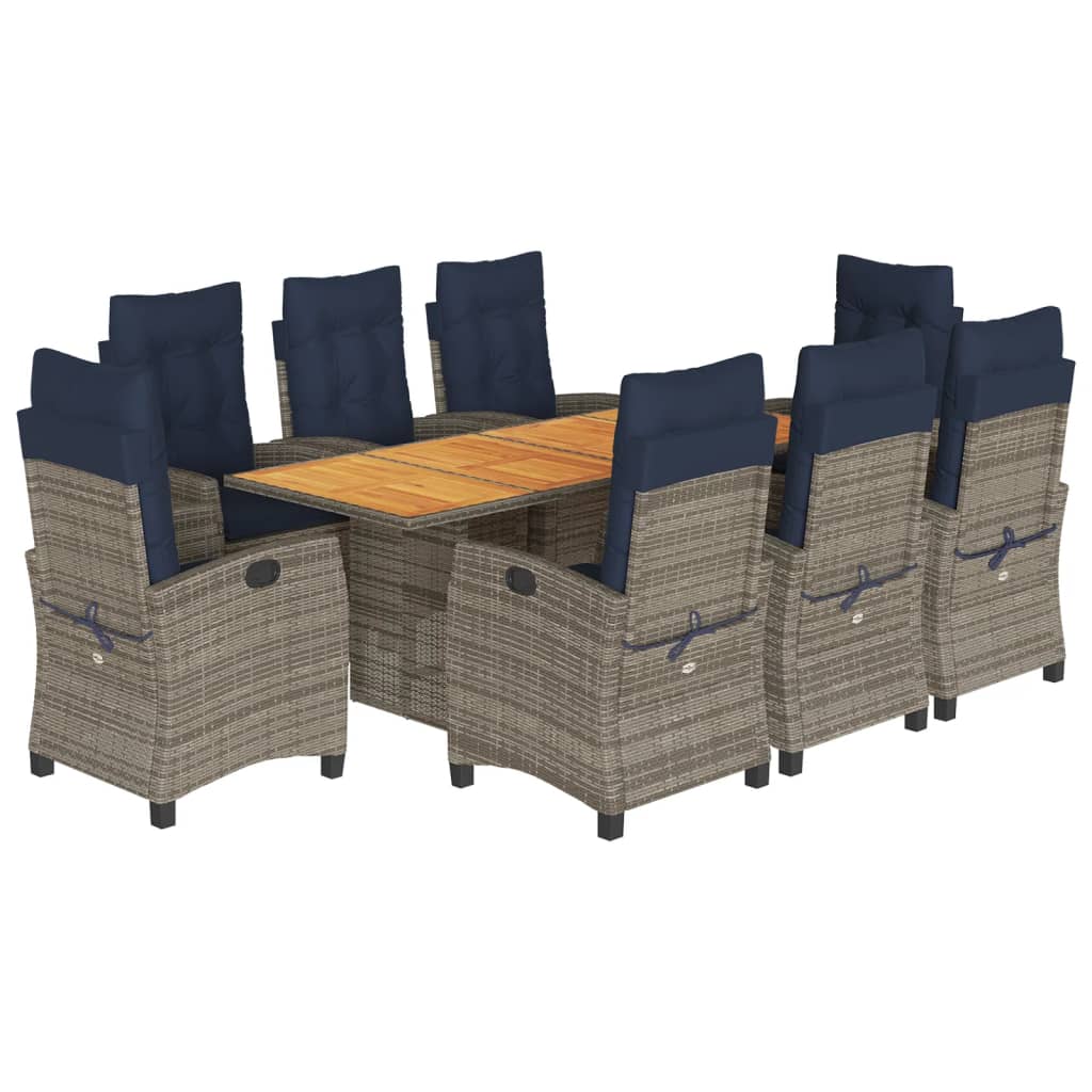 vidaXL 9 Piece Garden Dining Set with Cushions Grey Poly Rattan 2