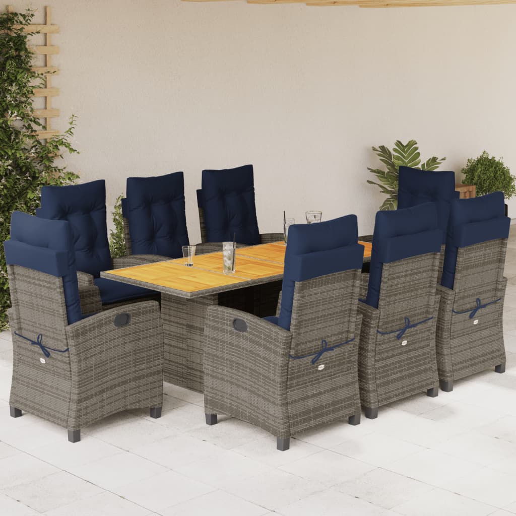 vidaXL 9 Piece Garden Dining Set with Cushions Grey Poly Rattan 1