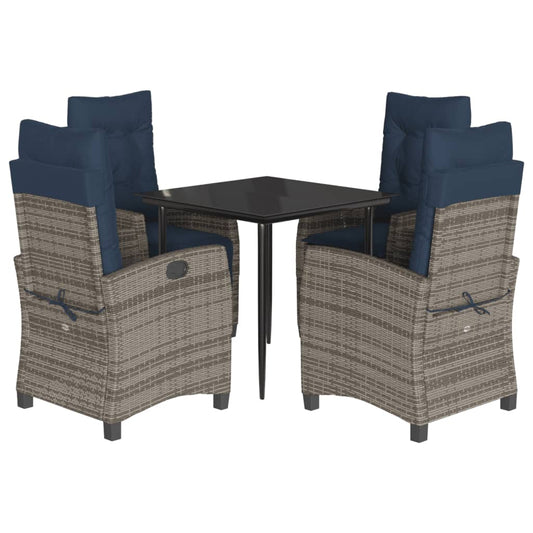 5 Piece Garden Dining Set with Cushions Grey Poly Rattan 80 cm table length with footrest