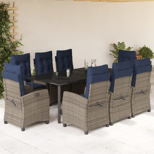 vidaXL 9 Piece Garden Dining Set with Cushions Grey Poly Rattan 1