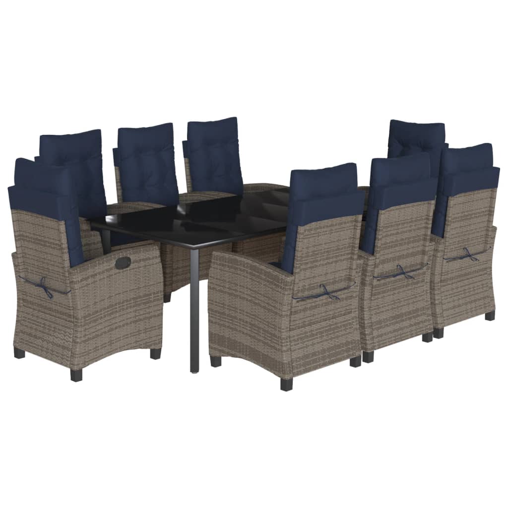 vidaXL 9 Piece Garden Dining Set with Cushions Grey Poly Rattan 2