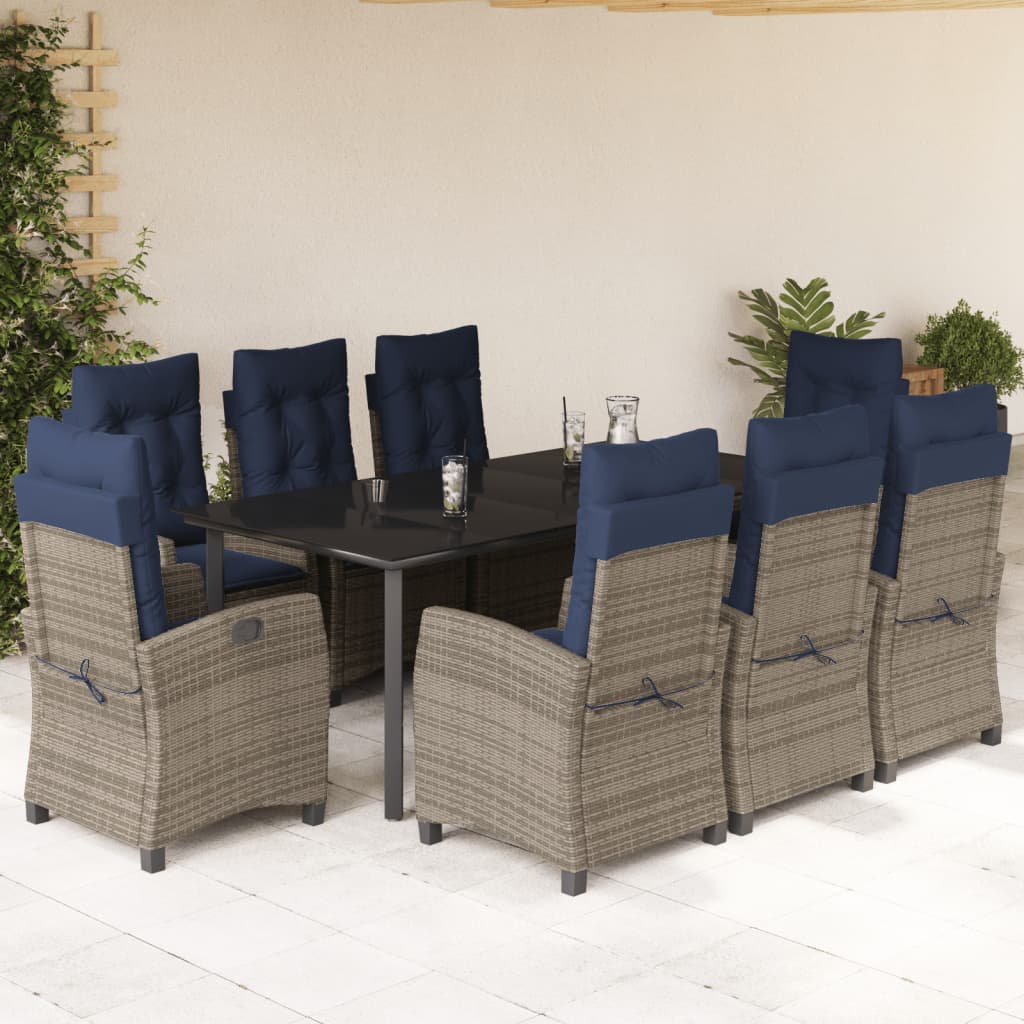 vidaXL 9 Piece Garden Dining Set with Cushions Grey Poly Rattan 1