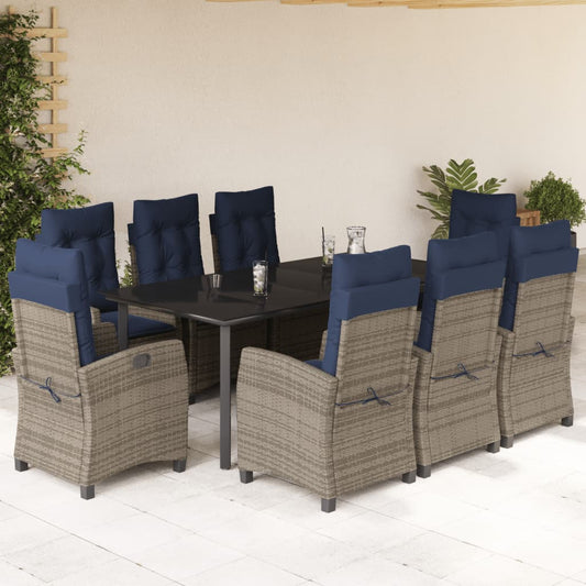 vidaXL 9 Piece Garden Dining Set with Cushions Grey Poly Rattan 1