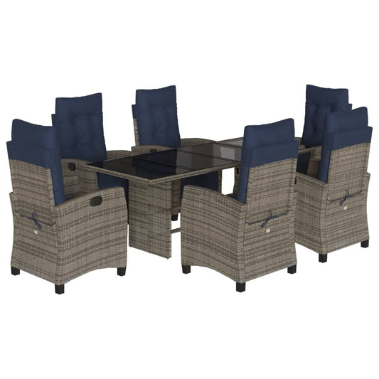 7 Piece Garden Dining Set with Cushions Grey Poly Rattan Glass 6