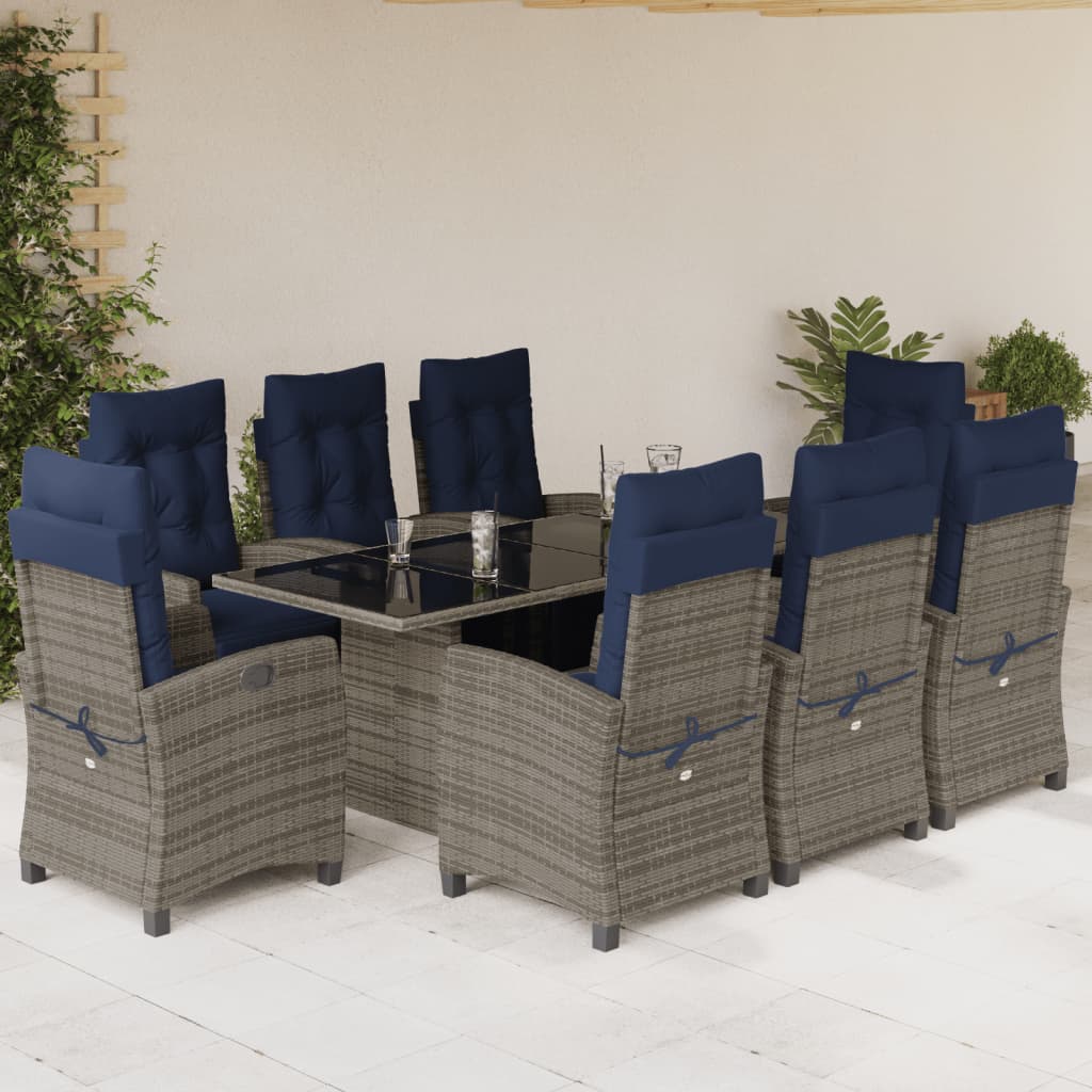 vidaXL 9 Piece Garden Dining Set with Cushions Grey Poly Rattan 1