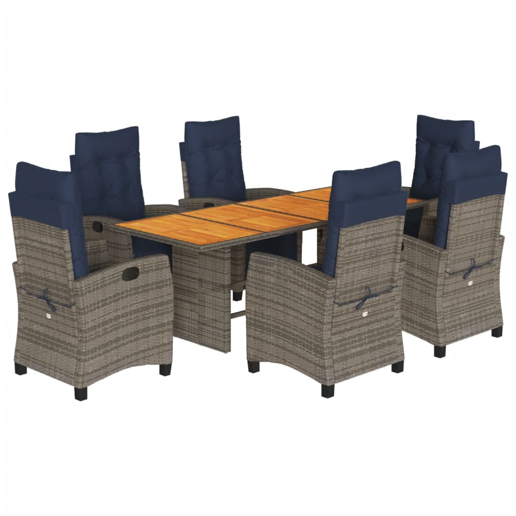 7 Piece Garden Dining Set with Cushions Grey Poly Rattan Wood 6