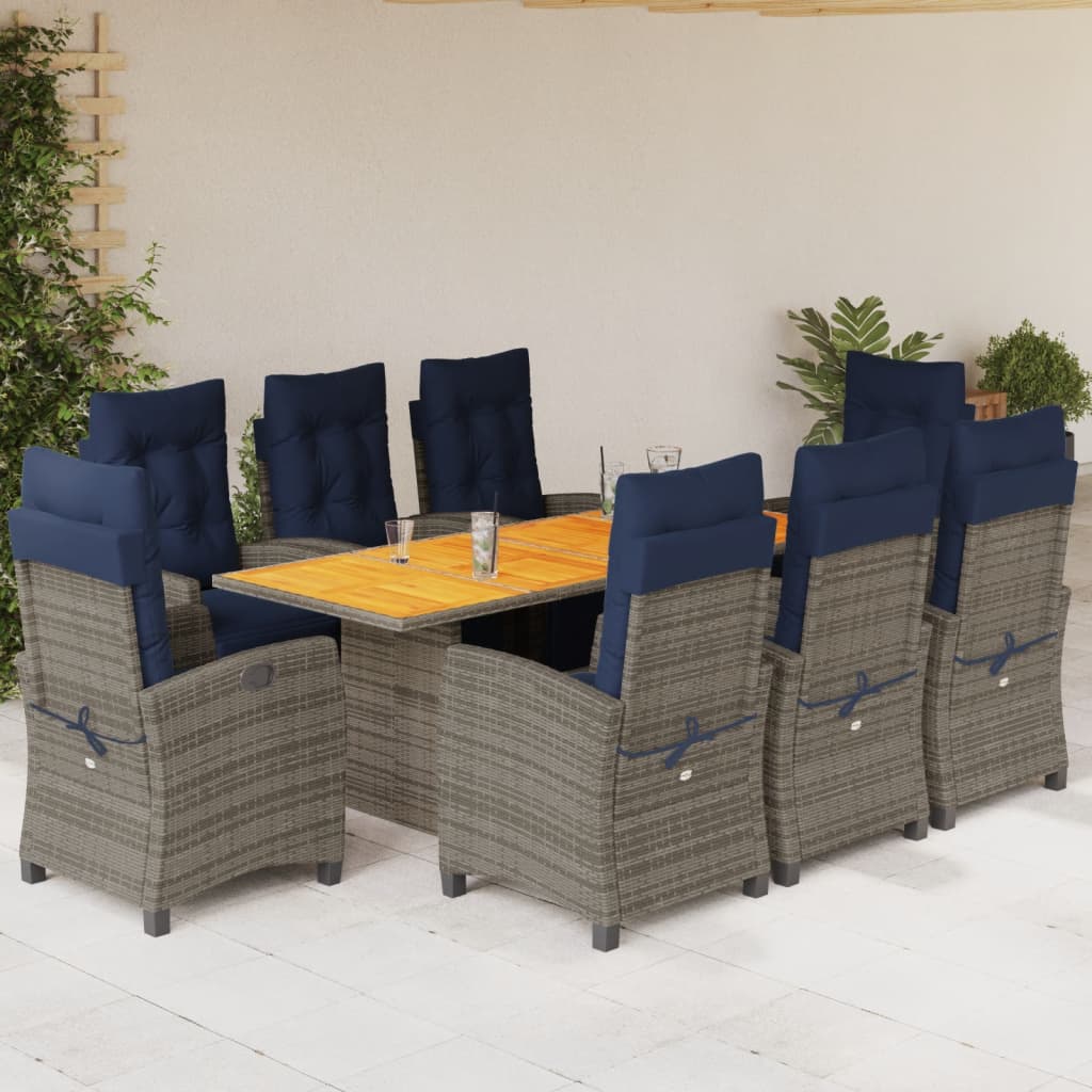 7 Piece Garden Dining Set with Cushions Grey Poly Rattan Wood 8