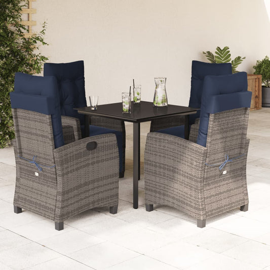 5 Piece Garden Dining Set with Cushions Grey Poly Rattan 80 cm table length Round leg 4