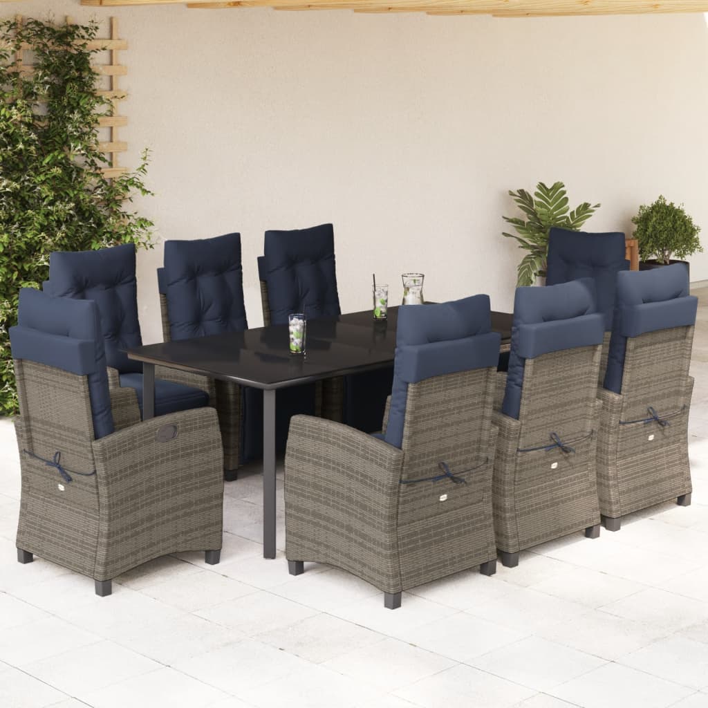 vidaXL 9 Piece Garden Dining Set with Cushions Grey Poly Rattan 1