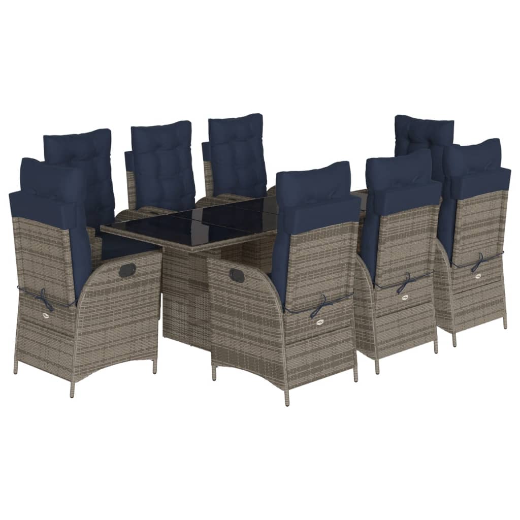 vidaXL 9 Piece Garden Dining Set with Cushions Grey Poly Rattan 2