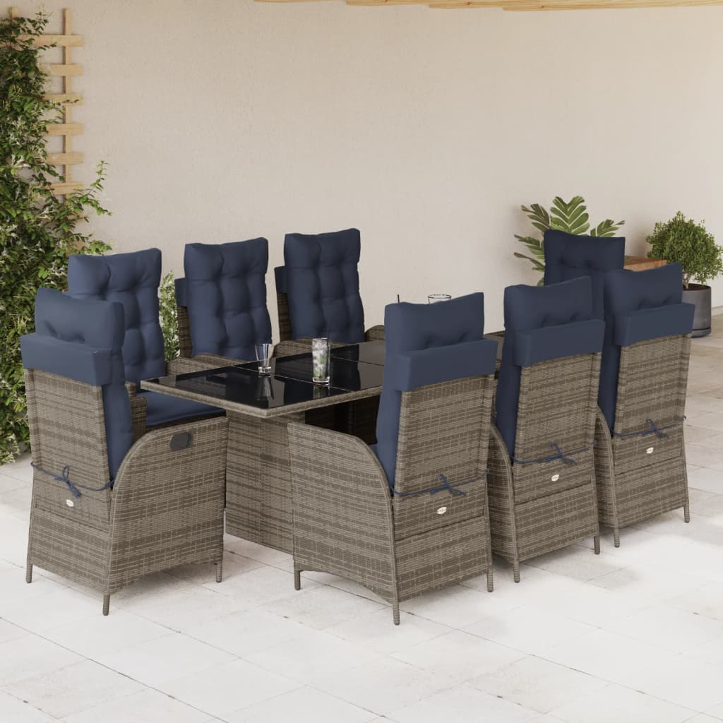 vidaXL 9 Piece Garden Dining Set with Cushions Grey Poly Rattan 1