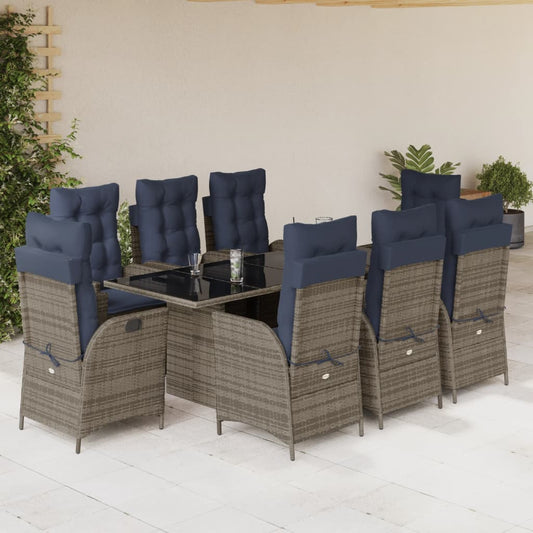 9 Piece Garden Dining Set with Cushions Grey Poly Rattan With footrest 8
