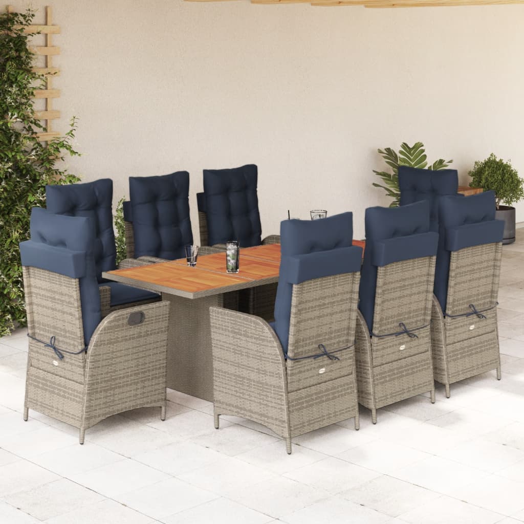 vidaXL 9 Piece Garden Dining Set with Cushions Grey Poly Rattan 1