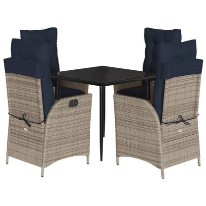 5 Piece Garden Dining Set with Cushions Grey Poly Rattan 80 cm table length (round-shaped leg) 4x chair + table
