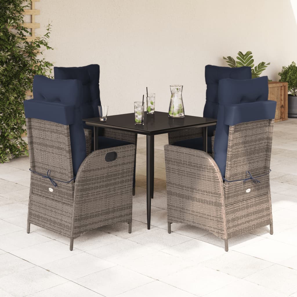 5 Piece Garden Dining Set with Cushions Grey Poly Rattan 80 cm table length (round-shaped leg) 2x chair + 2x chair (with footrest) + table