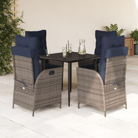 5 Piece Garden Dining Set with Cushions Grey Poly Rattan 80 cm table length (round-shaped leg) 2x chair + 2x chair (with footrest) + table