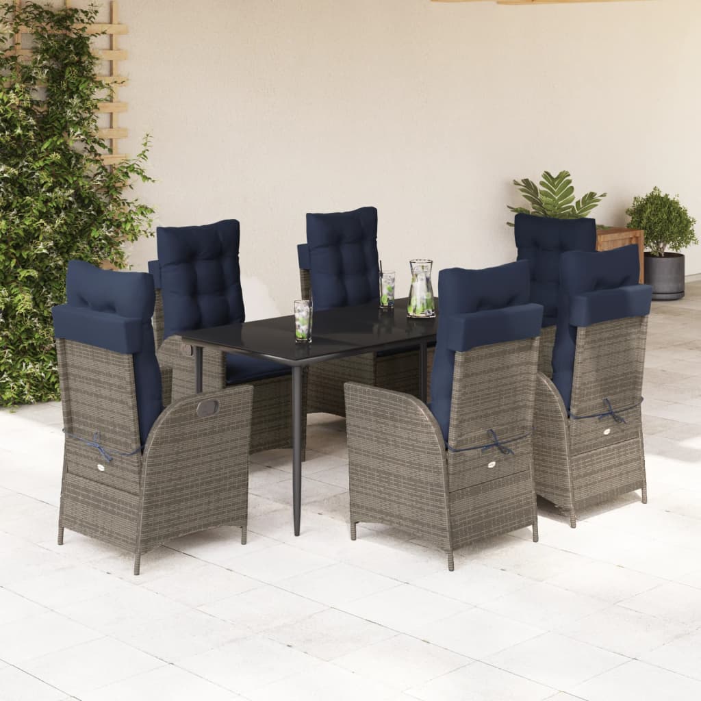 vidaXL 7 Piece Garden Dining Set with Cushions Grey Poly Rattan 1
