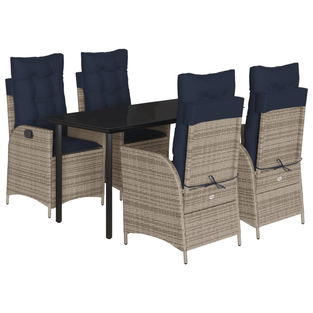 5 Piece Garden Dining Set with Cushions Grey Poly Rattan 140 cm table length (square-shaped leg) 4x chair + table