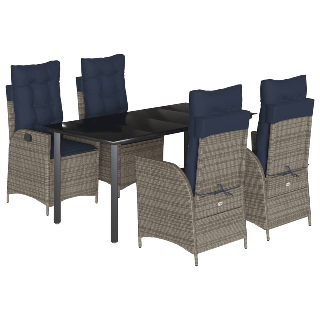 5 Piece Garden Dining Set with Cushions Grey Poly Rattan 160 cm table length (square-shaped leg) 4x chair + table