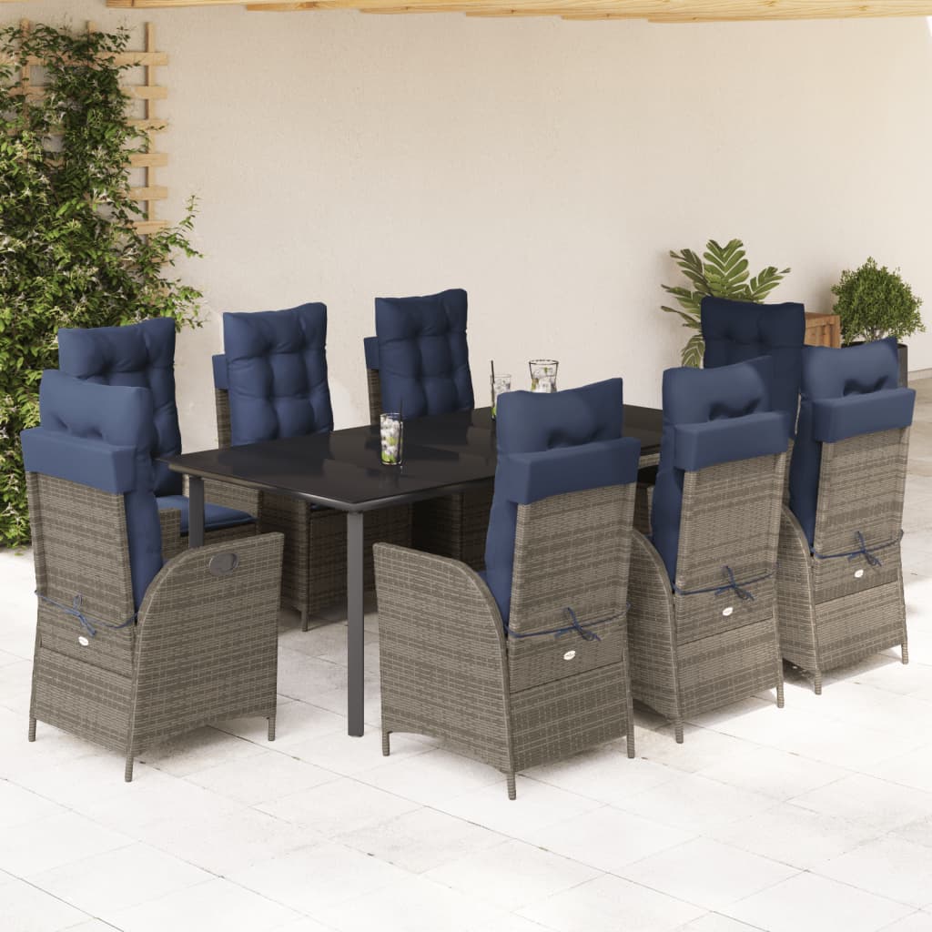 vidaXL 9 Piece Garden Dining Set with Cushions Grey Poly Rattan 1