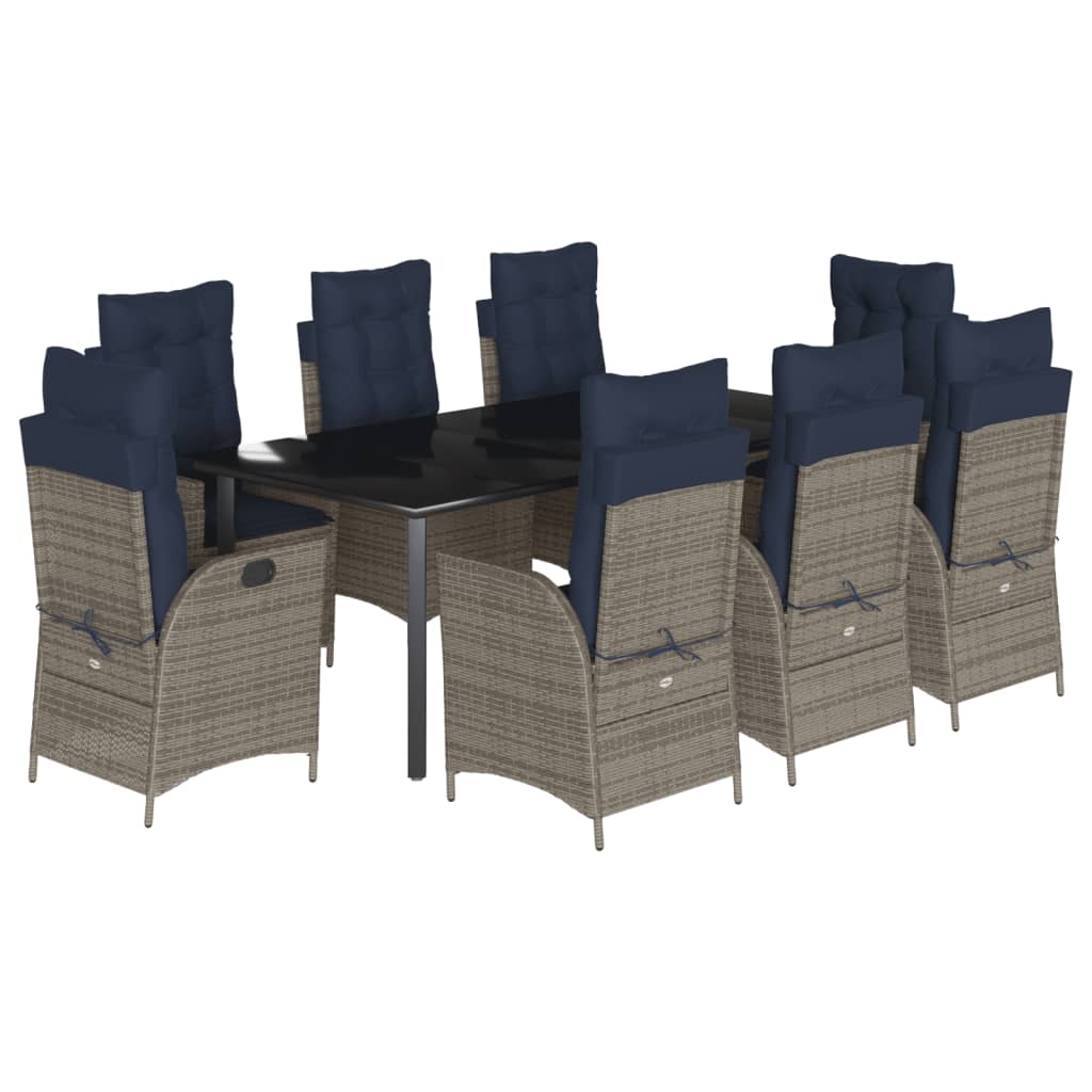 vidaXL 9 Piece Garden Dining Set with Cushions Grey Poly Rattan 2