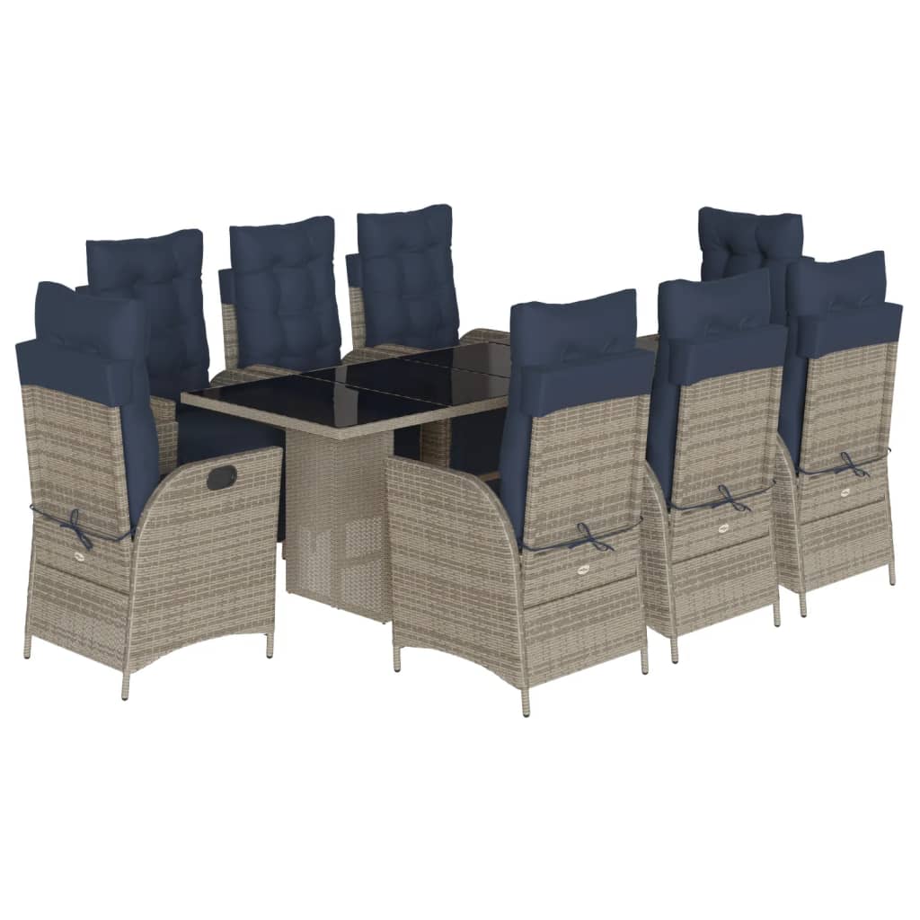 vidaXL 9 Piece Garden Dining Set with Cushions Grey Poly Rattan 2