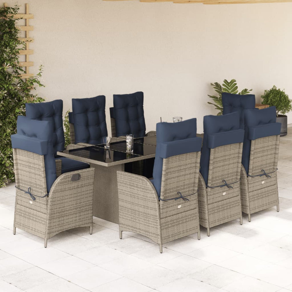 vidaXL 9 Piece Garden Dining Set with Cushions Grey Poly Rattan