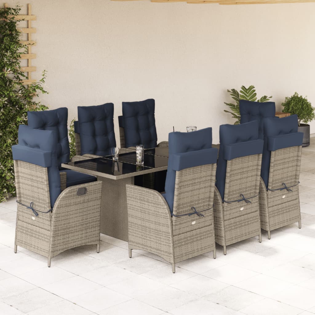 vidaXL 9 Piece Garden Dining Set with Cushions Grey Poly Rattan 1