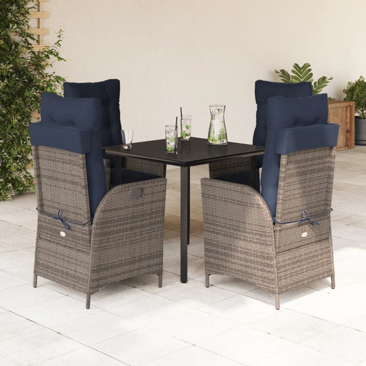 5 Piece Garden Dining Set with Cushions Grey Poly Rattan 80 cm table length Round leg 4