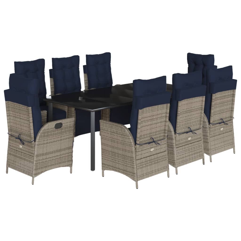 vidaXL 9 Piece Garden Dining Set with Cushions Grey Poly Rattan 2