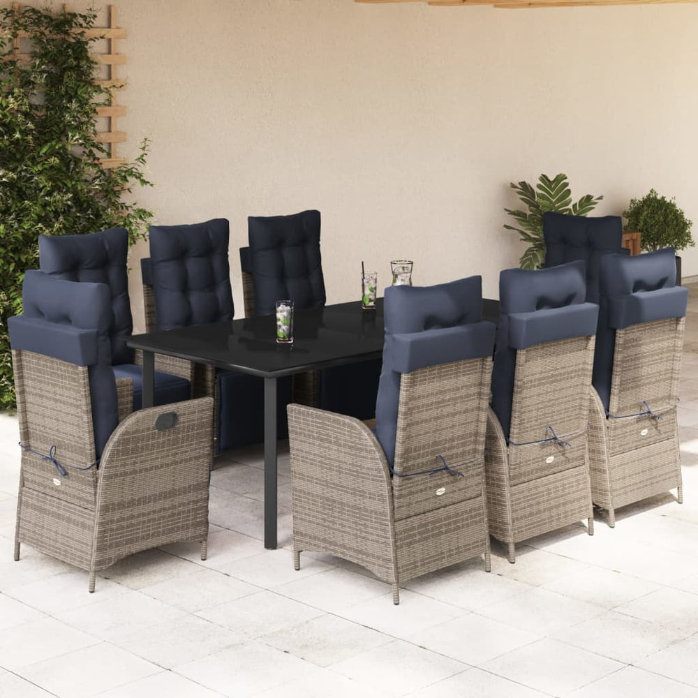 vidaXL 9 Piece Garden Dining Set with Cushions Grey Poly Rattan