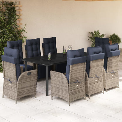 vidaXL 9 Piece Garden Dining Set with Cushions Grey Poly Rattan 1
