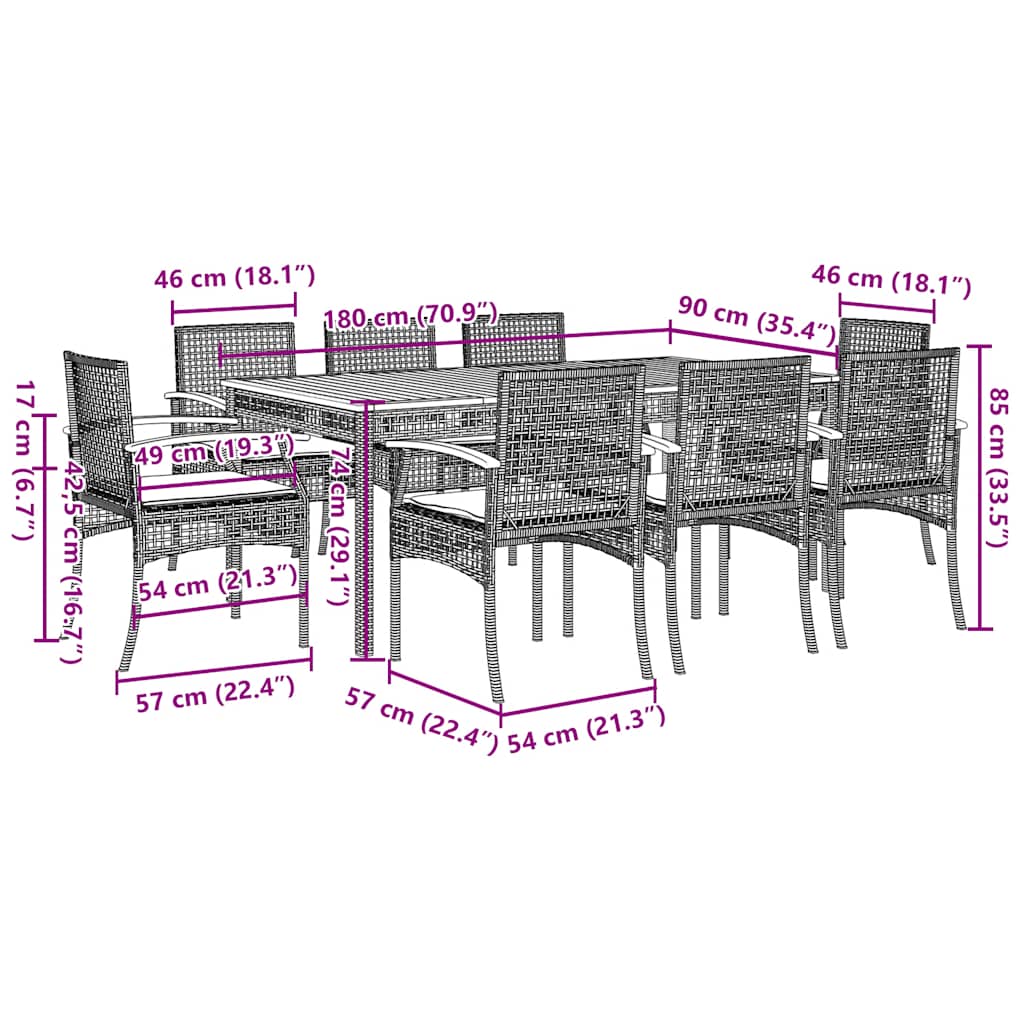 vidaXL 9 Piece Garden Dining Set with Cushions Grey Poly Rattan 6
