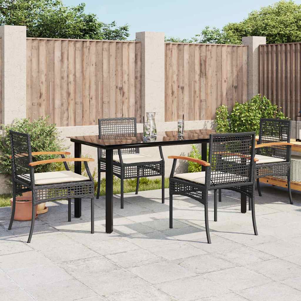 5 Piece Garden Dining Set with Cushions Poly Rattan Black 160 cm table length 4