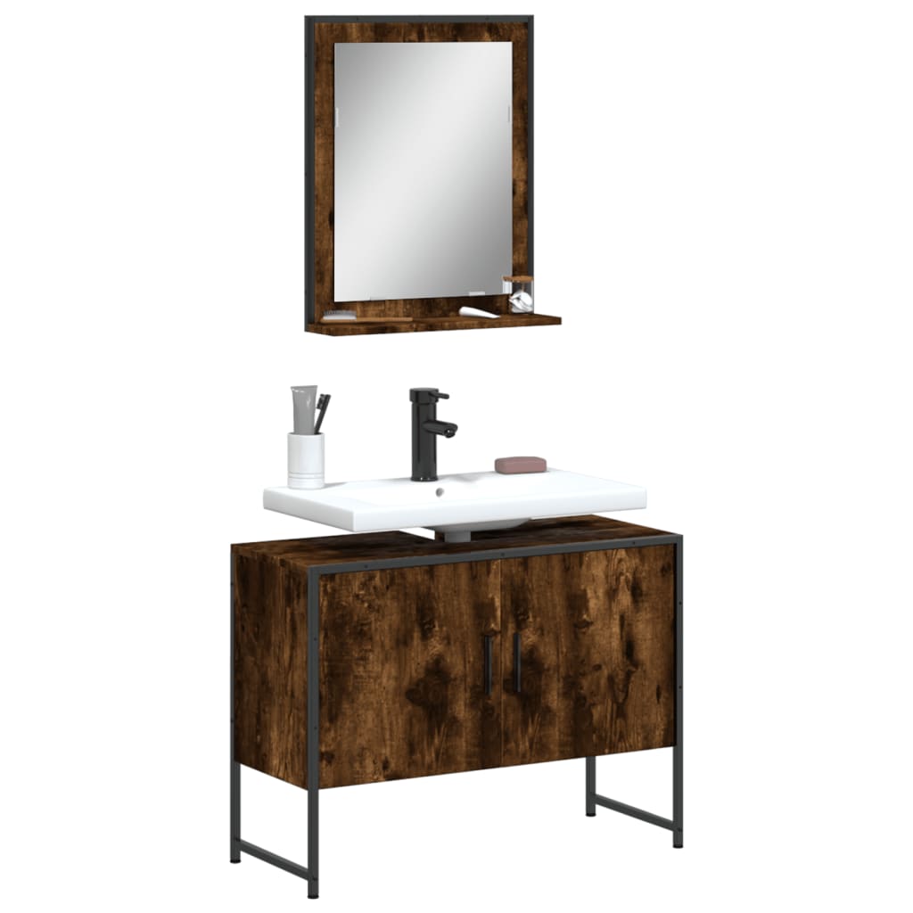 2 Piece Bathroom Cabinet Set Engineered Wood Smoked oak