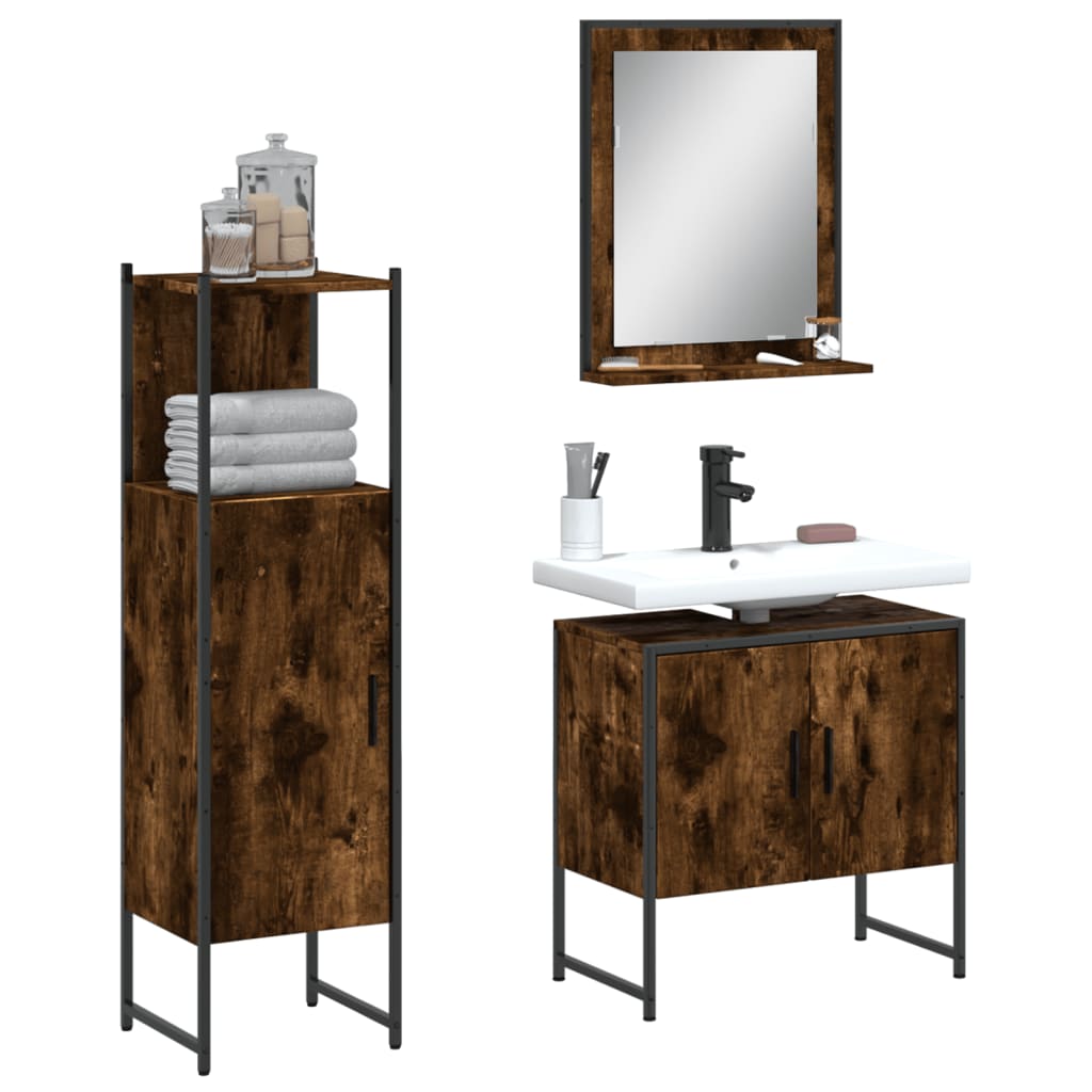 3 Piece Bathroom Cabinet Set Engineered Wood Smoked oak