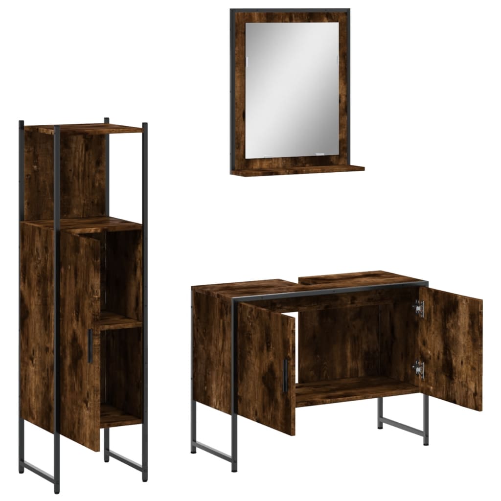 3 Piece Bathroom Cabinet Set Engineered Wood Smoked oak