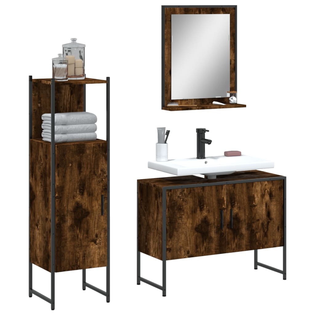 3 Piece Bathroom Cabinet Set Engineered Wood Smoked oak