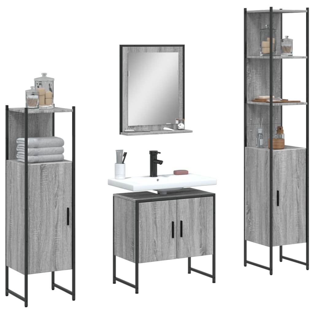 4 Piece Bathroom Cabinet Set Engineered Wood Grey sonoma