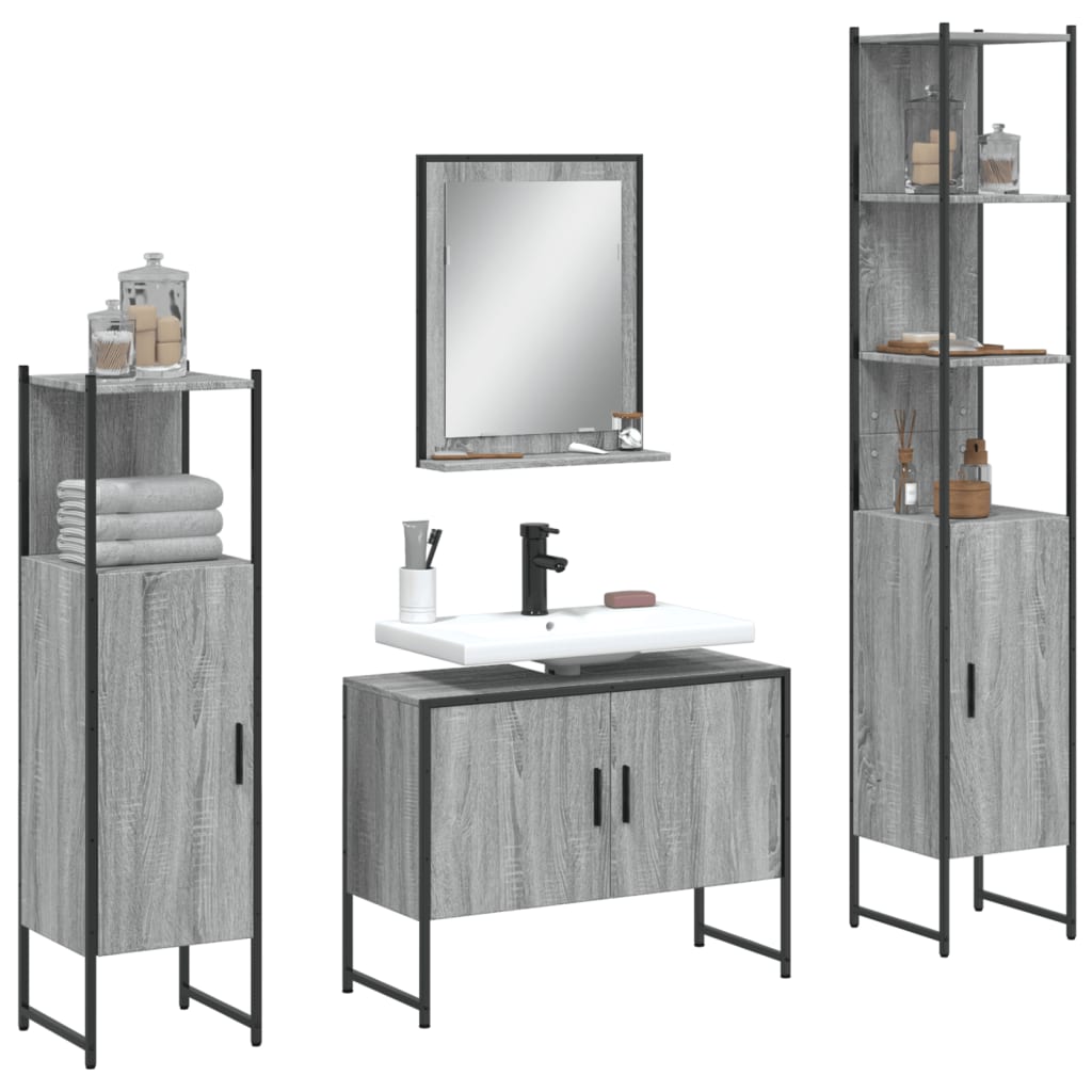 4 Piece Bathroom Cabinet Set Engineered Wood Grey sonoma
