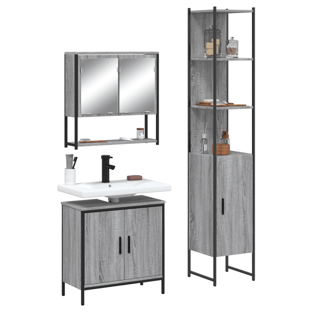 3 Piece Bathroom Furniture Set Engineered Wood Grey sonoma