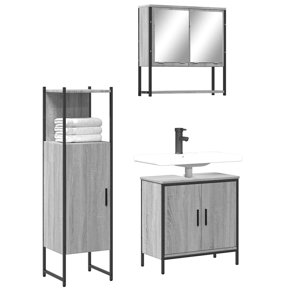 3 Piece Bathroom Furniture Set Engineered Wood Grey sonoma