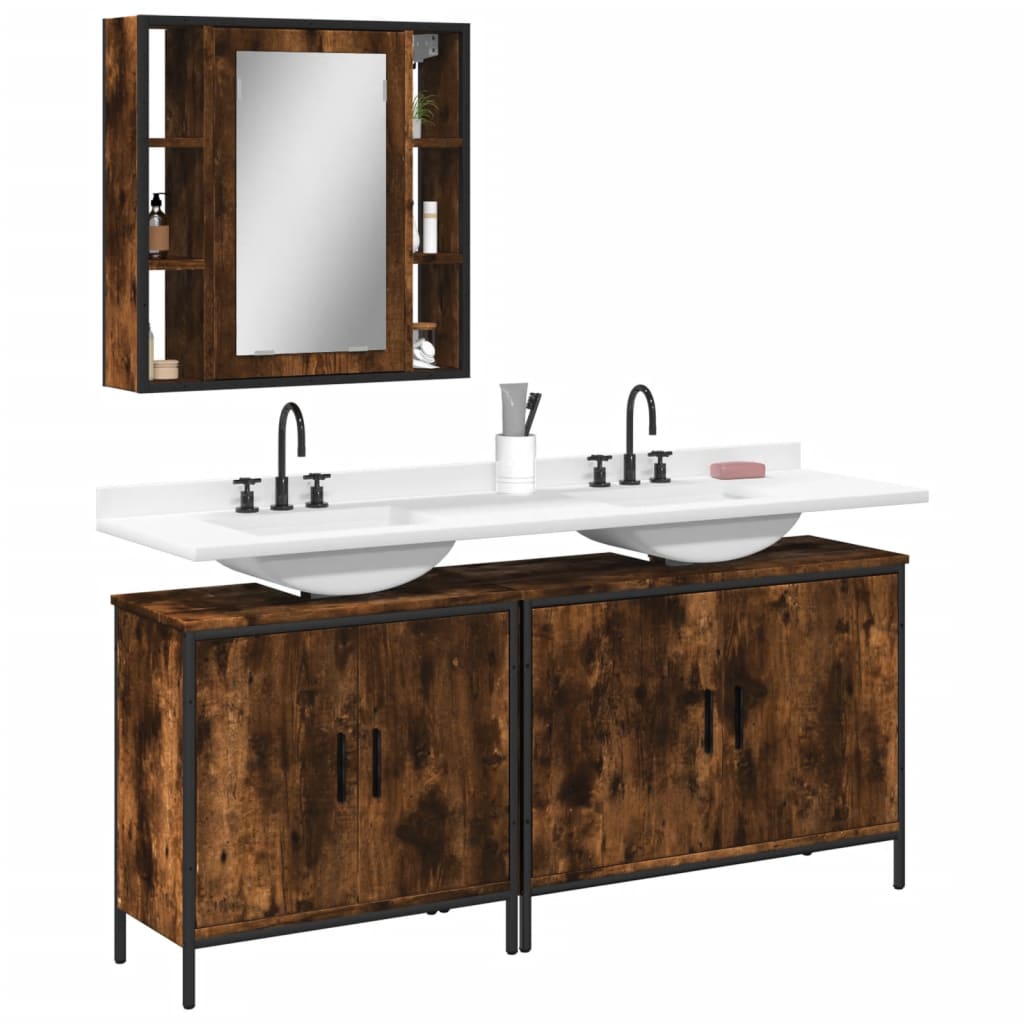 3 Piece Bathroom Cabinet Set Engineered Wood Smoked oak