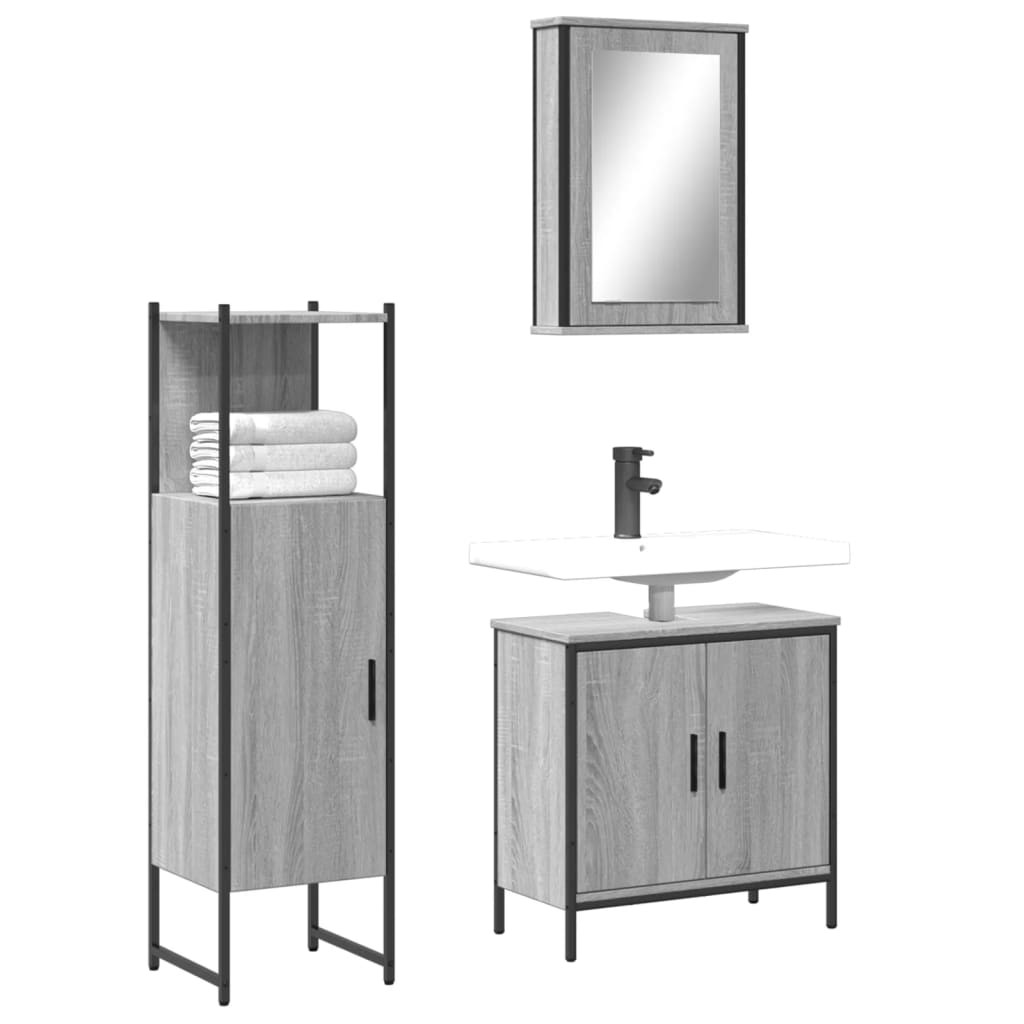 3 Piece Bathroom Furniture Set Engineered Wood Grey sonoma