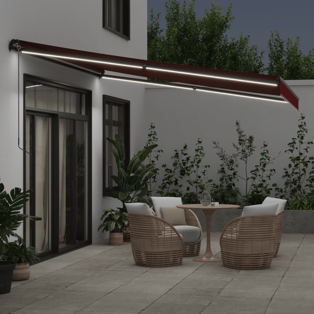 vidaXL Manual Retractable Awning with LEDs Burgundy 400x350 cm 3