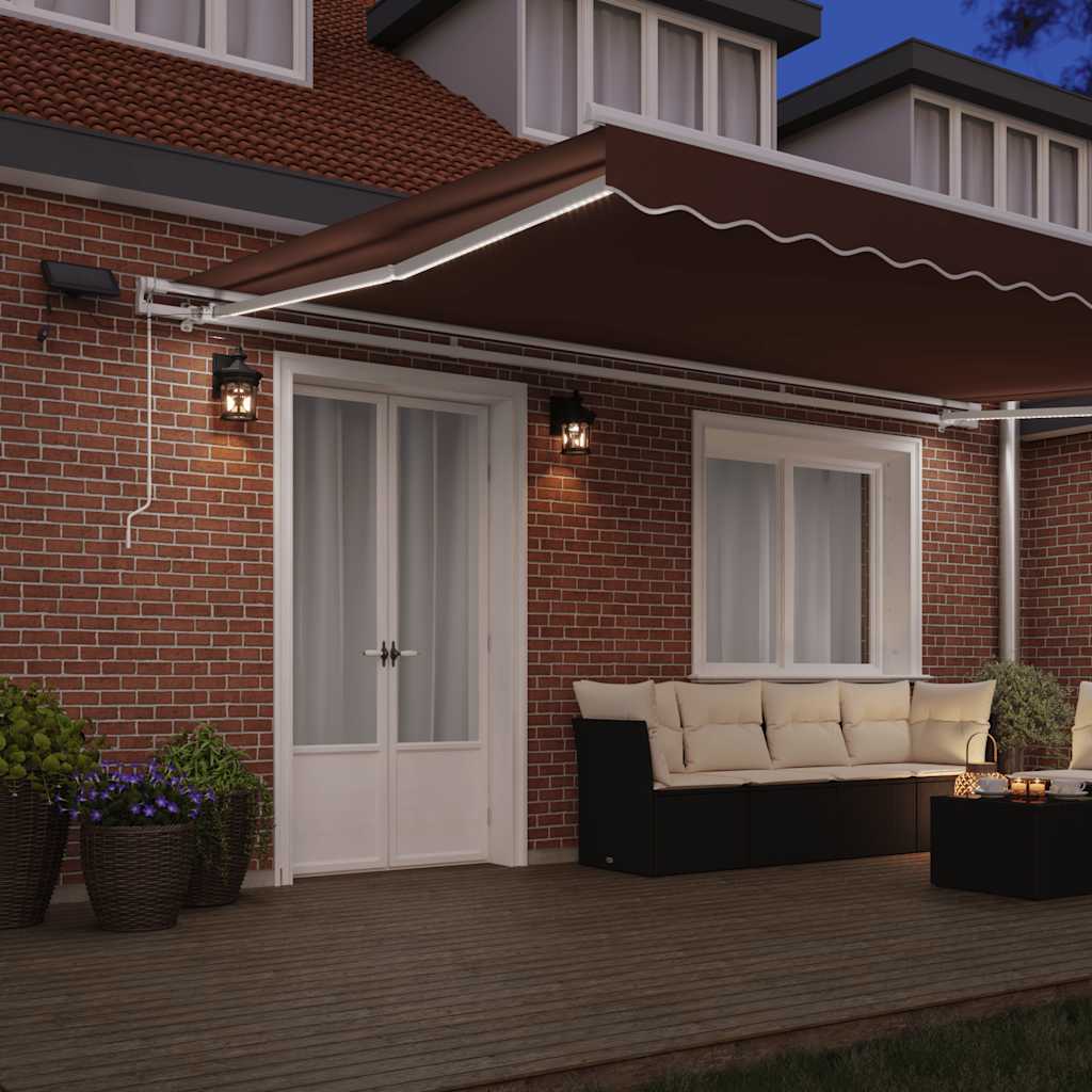 Manual Awning with Solar LED 5 x 3 m with white frame Drop 300 cm Width 500 cm Brown