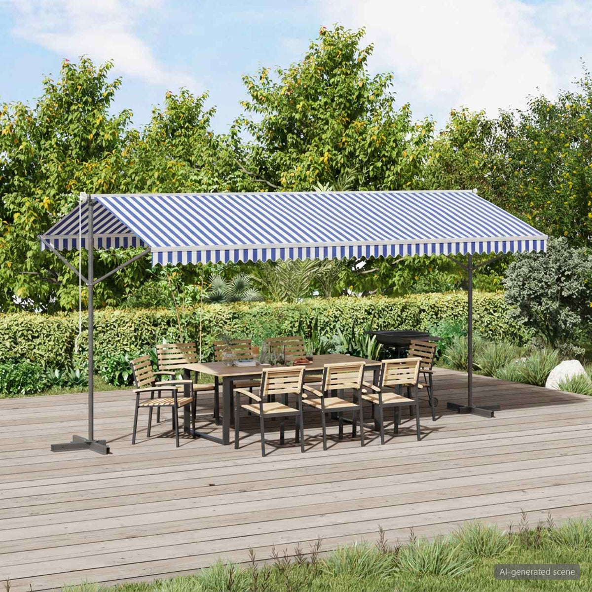 Free Standing Awning Polyester Blue and white 5 x 3 m with anthracite frame